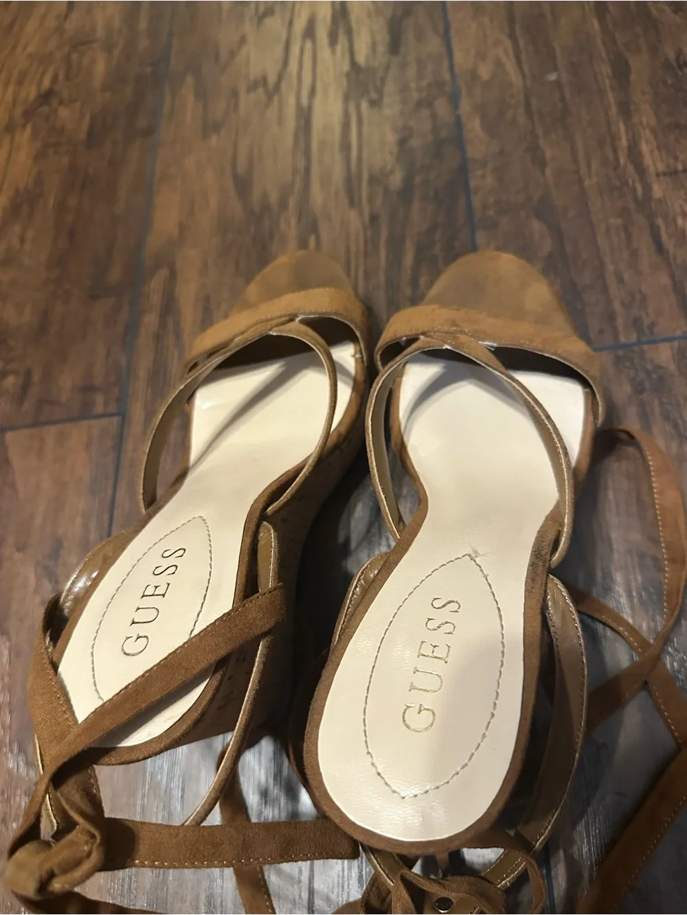 Guess Tan Suede Cork Lace-Up Wedge Sandals